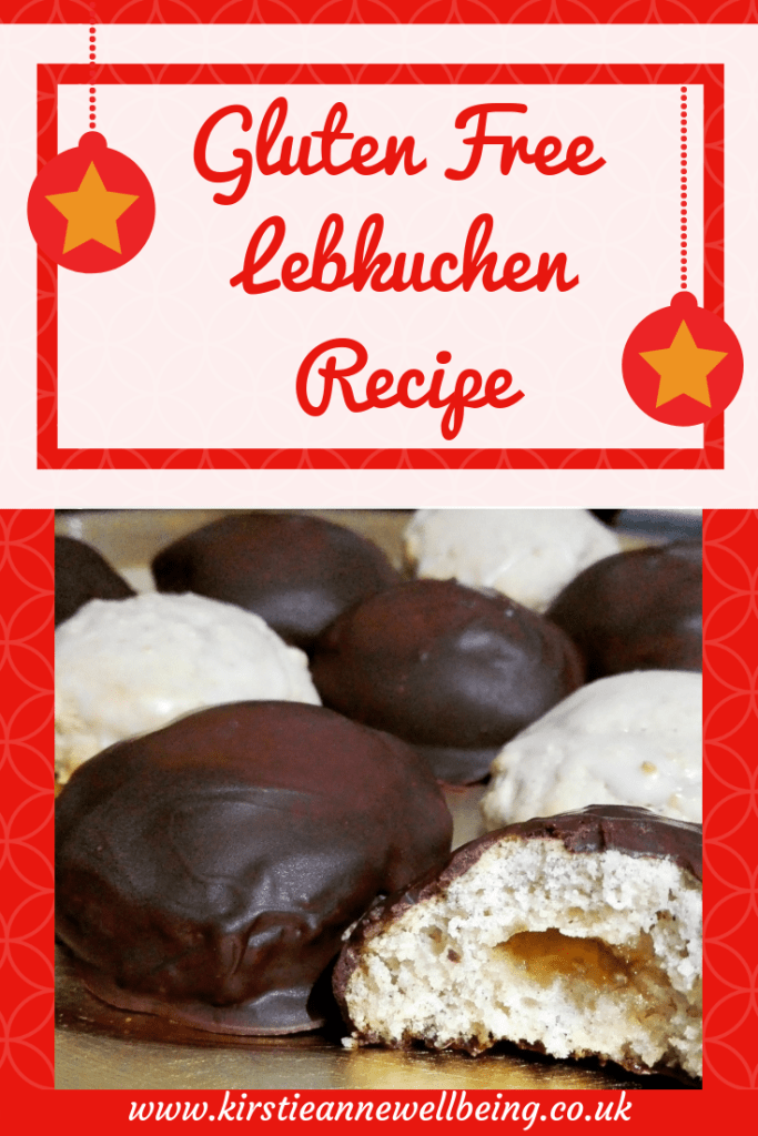 pin for chocolate covered gluten free lebkuchen recipe with red background