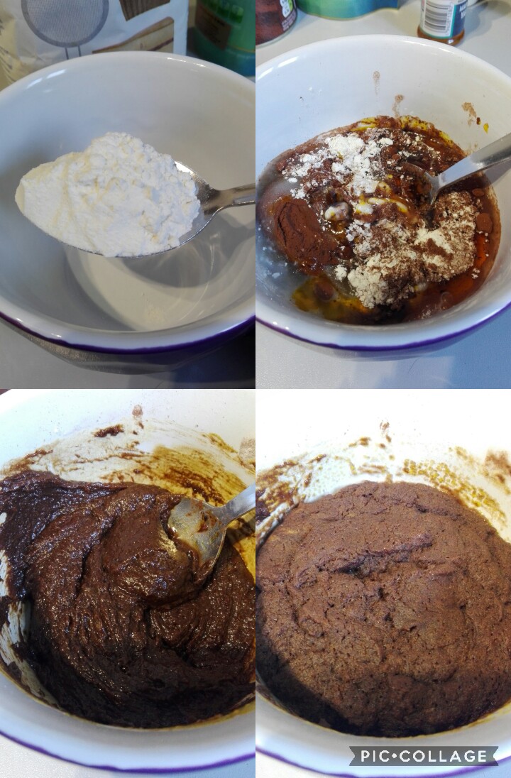 collage of images of making the mug pudding. Various stages of mixed batter and cooked final pudding