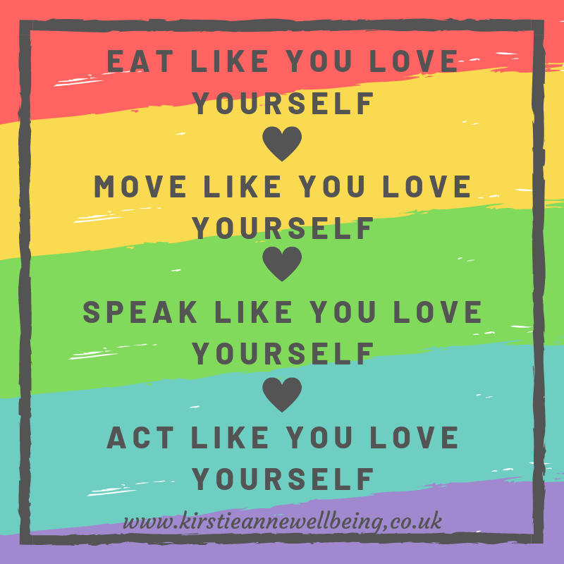 Eat like you love yourself, move like you love yourself, speak like you love yourself, act like you love yourself. Inspirational quote graphic from Kirstie Anne Wellbeing