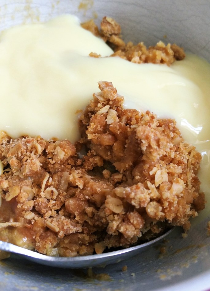 rhubarb and ginger gluten free crumble recipe close up with dairy free custard