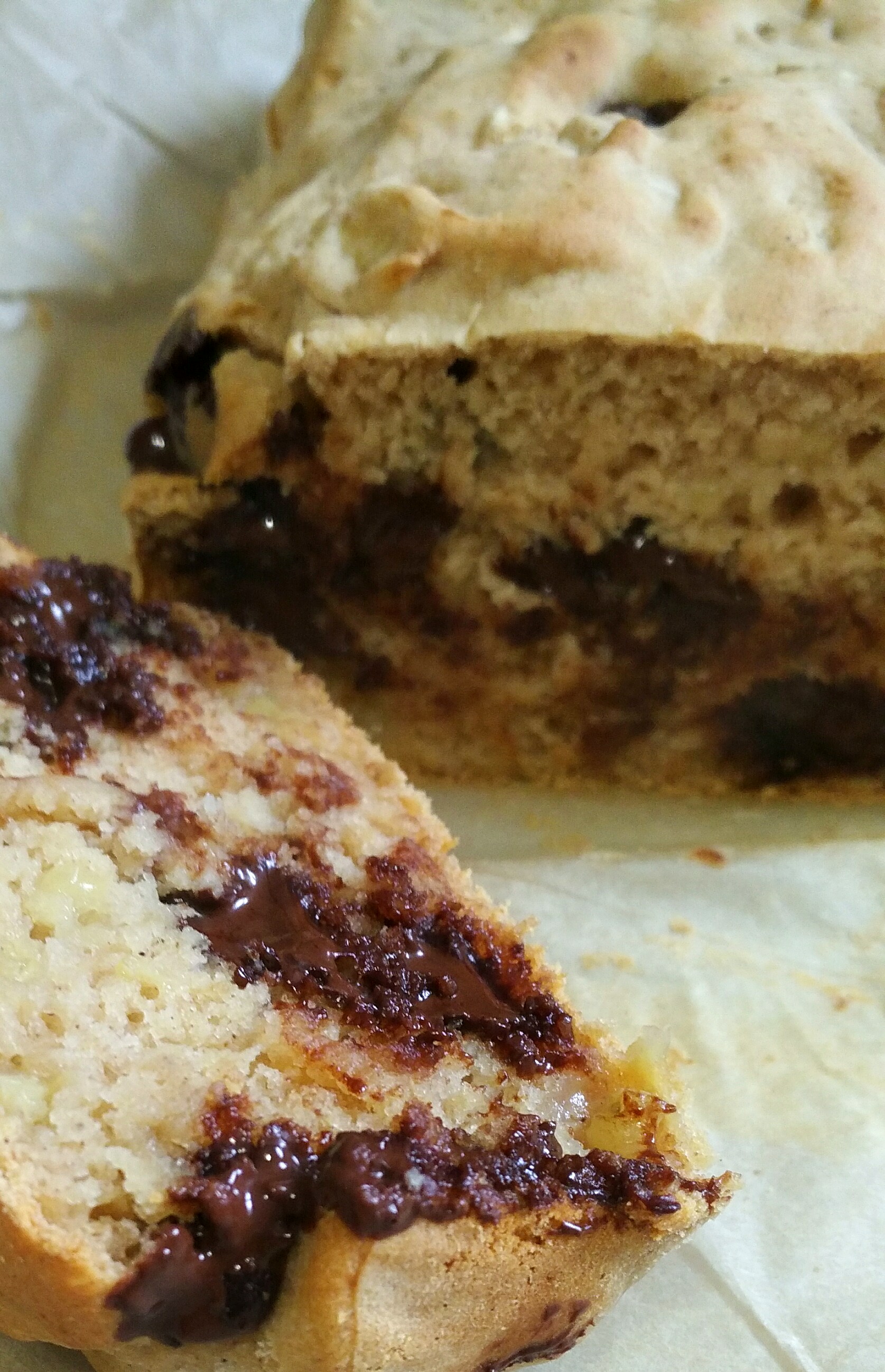 super easy gluten free chocolate chip banana bread cake sliced up
