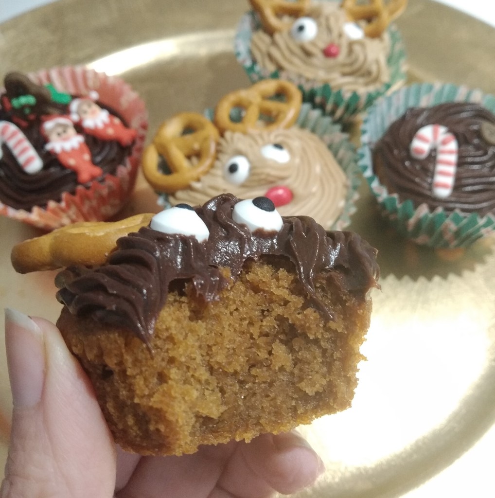 vegan gluten free christmas rudolph cupcakes close up bite
