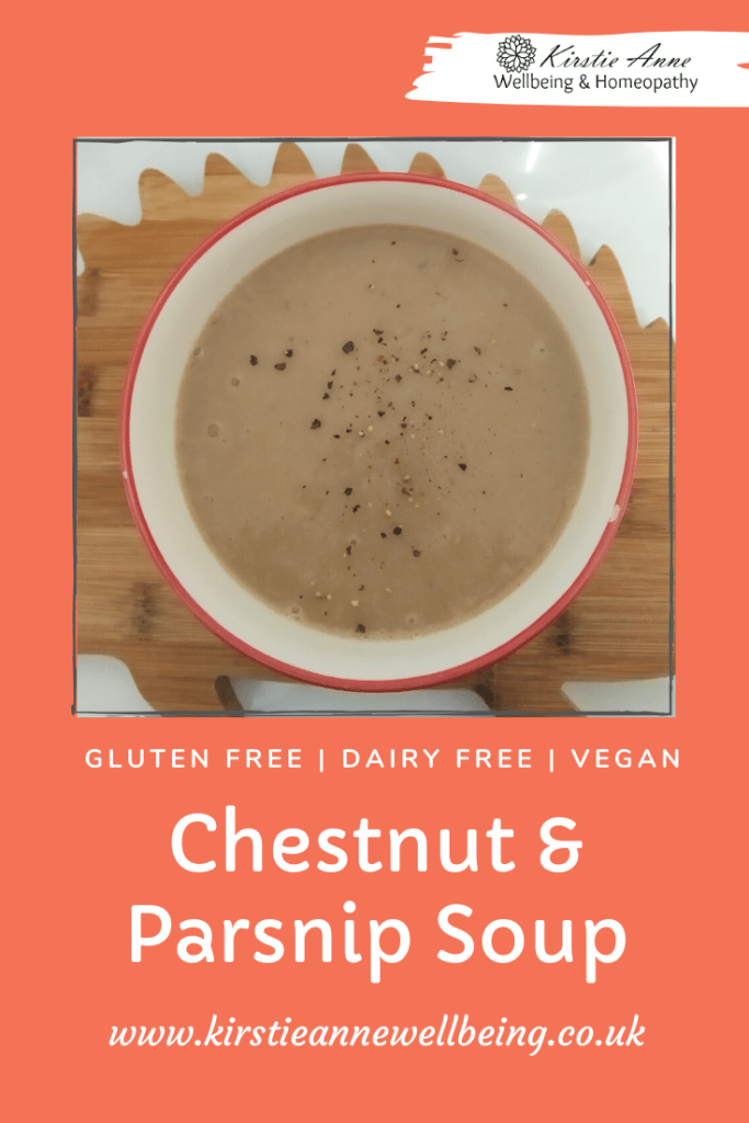 gluten free and dairy free chestnut and parsnip soup recipe pinterest pin.