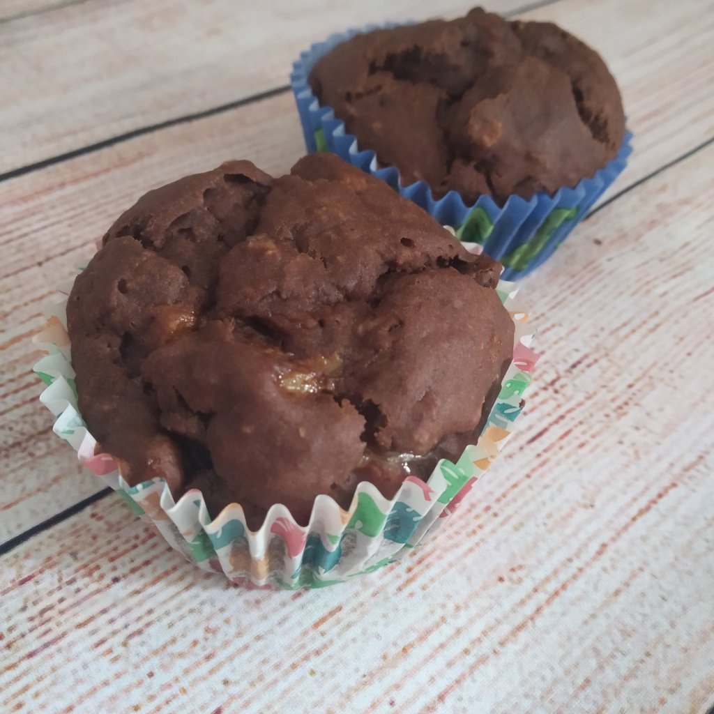 gluten free vegan double chocolate banana muffins in dinosaur cupcake cases