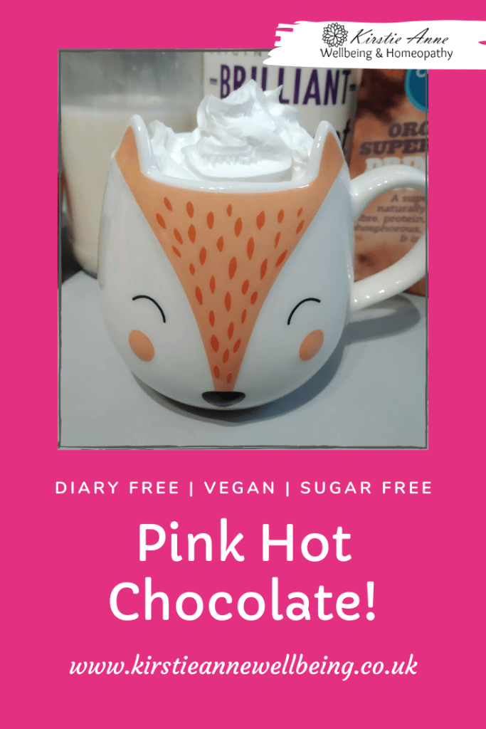 plant based pink hot chocolate recipe with beetroot pinterest pin