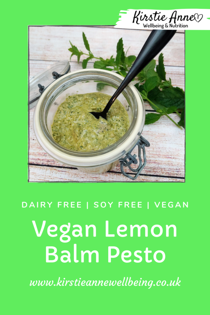 vegan, dairy free, soy free lemon balm pesto recipe pinterest pin