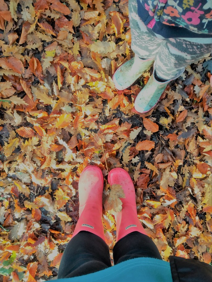 how to celebrate national tree week with your family in lockdown in england 2020. wellies on autumn leaves in the woods